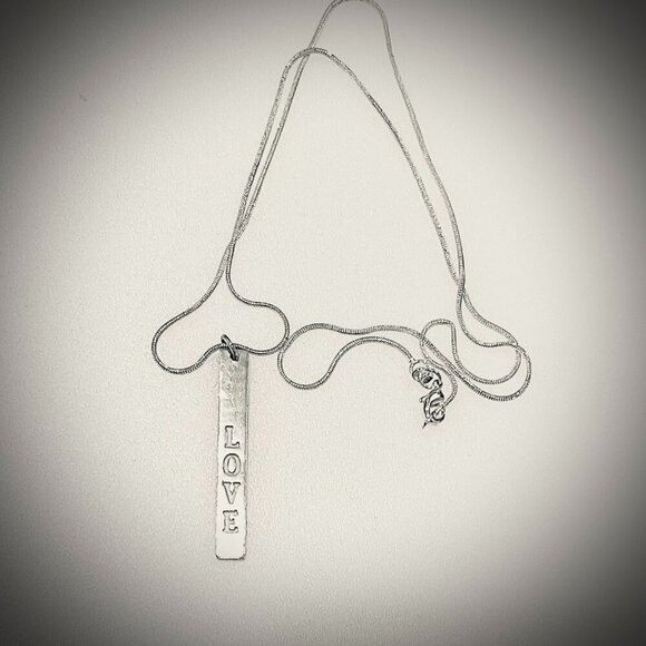 Sterling Silver LOVE Engraved Bar Pendant on Sterling Snake Chain - Picture 1 of 9